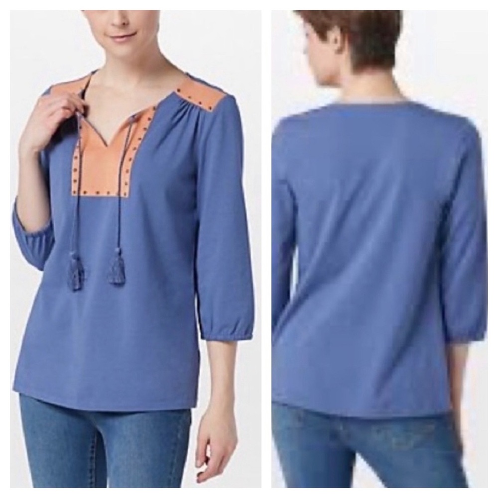 Haute Hippie Tribe Blue Tunic Studded Suede Tassel Top Size L